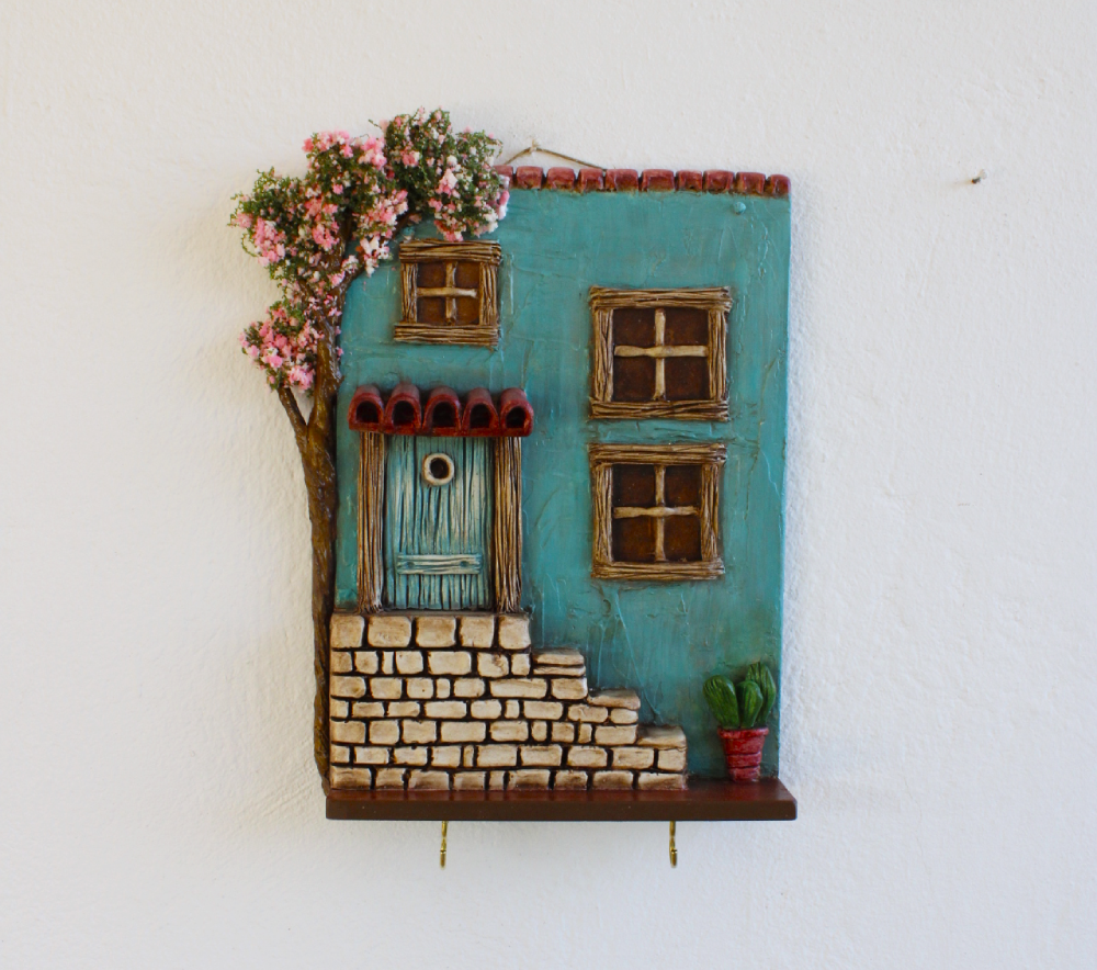 Κλειδοθήκη Γαλάζιο Σπίτι με Μπουκαμβίλια