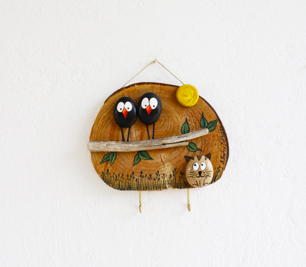 Κλειδοθήκη Πουλάκια με Γατούλα