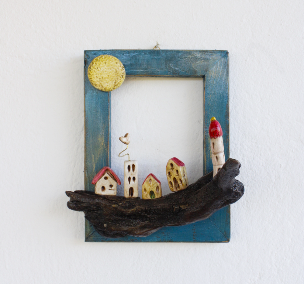 Κορνίζα Σπιτάκια πάνω σε Θαλασσόξυλο